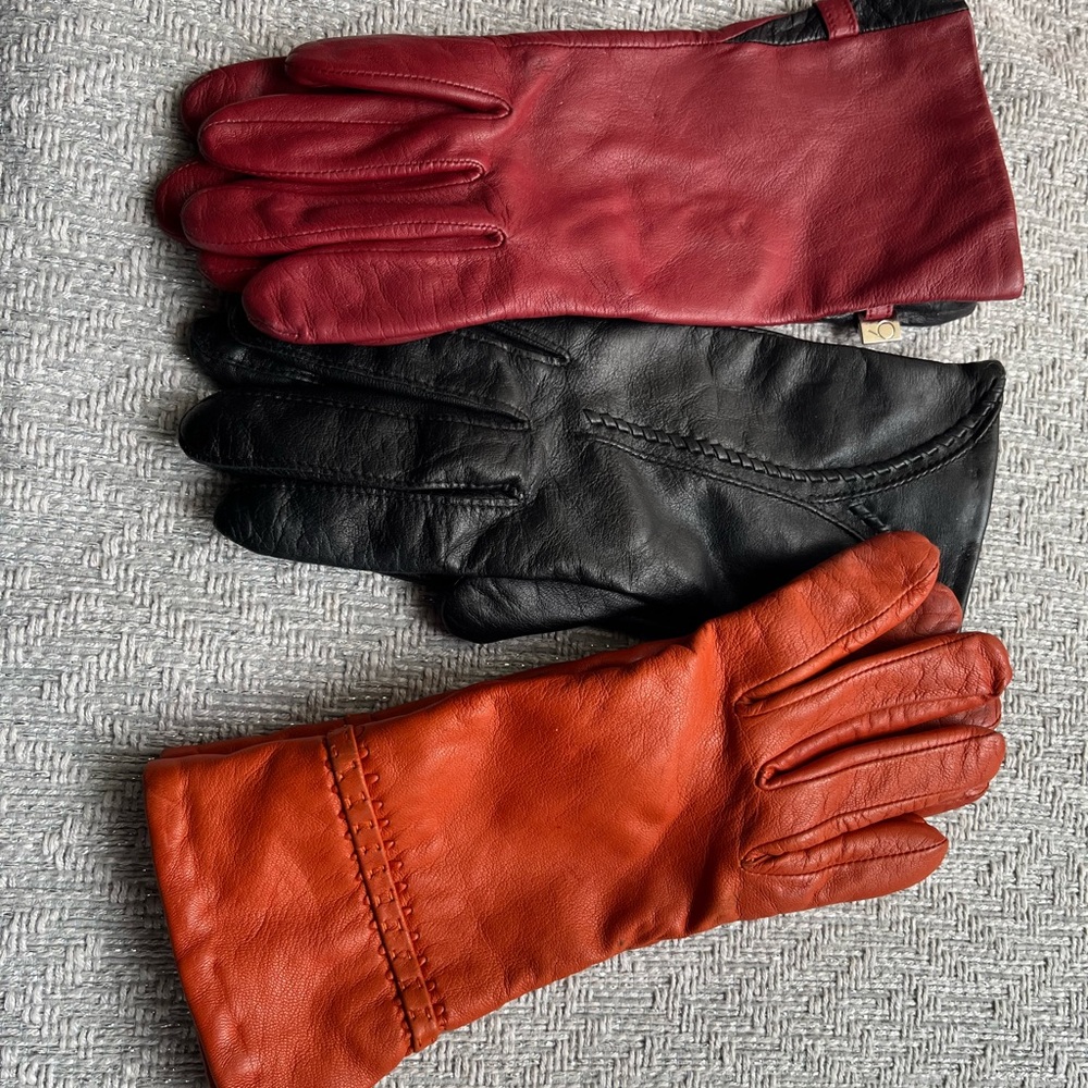 Red, Black, and Orange Leather Gloves